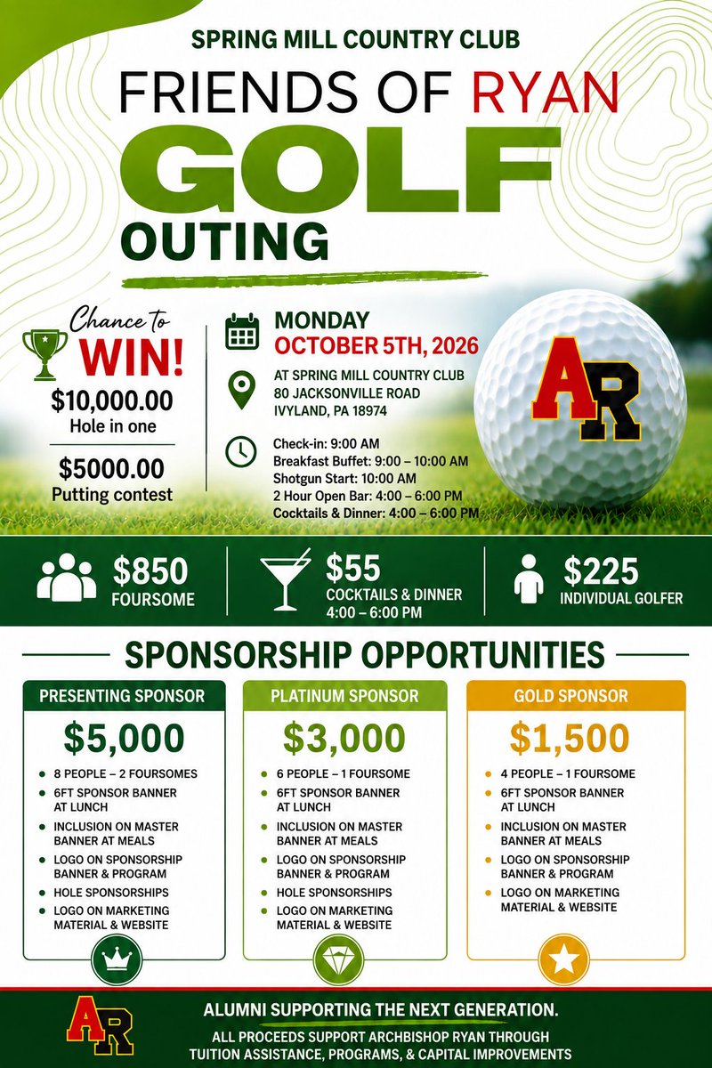 ARFriendsofRyan's tweet photo. ONLY 3 Foursomes left!
We still have sponsorship opportunities for your to promote your Business’s 
TBox signs  $100 Hole sponsorships $250
Don’t Golf??? Come join us for Fun, Cocktails and Dinner $55. 
Friends  of Ryan Annual Golf Outing October 5th, 2026 Spring Mill Country Clu https://t.co/8sDi9oudr0