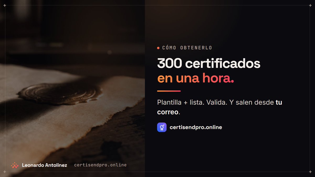 LAntolinezP's tweet photo. Emitir 300 certificados a mano es de los trabajos más caros: no aparece en ninguna factura, solo los días de alguien.
Medí uno. Tres días pasaron a una hora.

Hice CertiSend Pro para eso. Plantilla + lista, valida, y salen desde tu correo.

Gratis: https://t.co/DGJFG4yQGS https://t.co/Z6ocxKiU1e