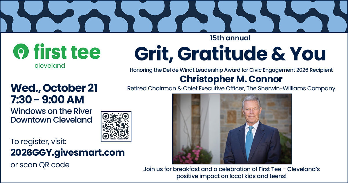 FirstTeeCLE's tweet photo. Join us for Grit, Gratitude &amp; You on October 21 at Windows on the River as we highlight our positive impact on local kids. Christopher M. Connor will be honored with the 2026 Del de Windt Leadership Award for Civic Engagement. TO REGISTER: https://t.co/ata7xkBw0L https://t.co/TMlivJZ1ME