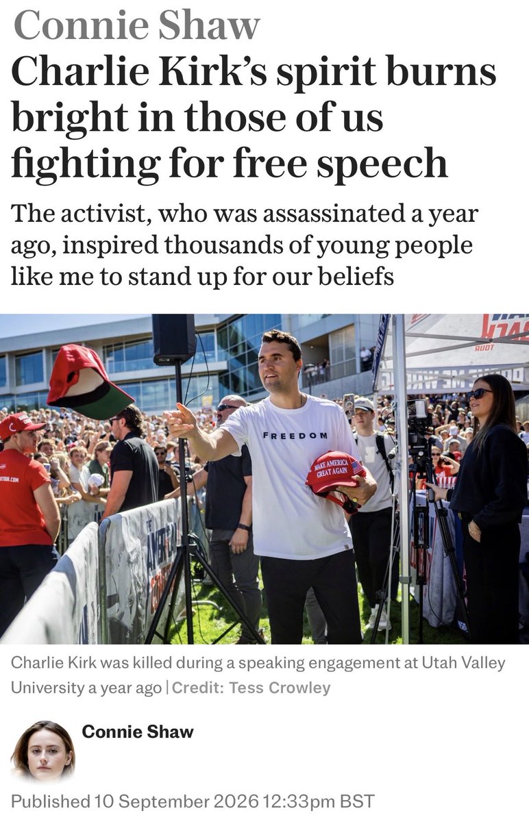 SpeechUnion's tweet photo. “When people stop talking, that’s when you get violence.” It was as if Charlie Kirk had uttered a prophecy, writes FSU External Affairs Officer @_ConnieShaw.

A year ago today, Charlie Kirk — a formidable defender and promoter of free speech — was assassinated in front of hundreds of students at Utah Valley University. His death should have been a wake-up call about the danger posed by those who resort to violence rather than engaging in debate or agreeing to disagree.

Connie writes: “Some could not comprehend that it was possible to disagree with many things Charlie Kirk said but still admire him for his skill and willingness to debate, and even feel distress and sadness about his death. In other words, they couldn’t comprehend the ability to have standard human empathy.”

Sadly, Charlie’s death did not mark a line in the sand. Former Conservative minister and Reform UK spokesperson Ann Widdecombe was also brutally murdered.

In stark contrast to those who seek to silence their opponents, the Free Speech Union offered support to both George Abaraonye, the former Oxford Union president-elect who celebrated Kirk’s death, and Heather Herbert, who celebrated Ann’s murder. Freedom of speech must be defended consistently, including for those whose views we find abhorrent.

Connie says Charlie’s work inspired her to speak proudly about her own beliefs. One encouraging development since his murder is that a growing number of young British activists have begun debating in public. Regardless of whether you agree with them, every time they are attacked by those who want them to shut up, Charlie Kirk is proven right again.

Read more from Connie below 👇