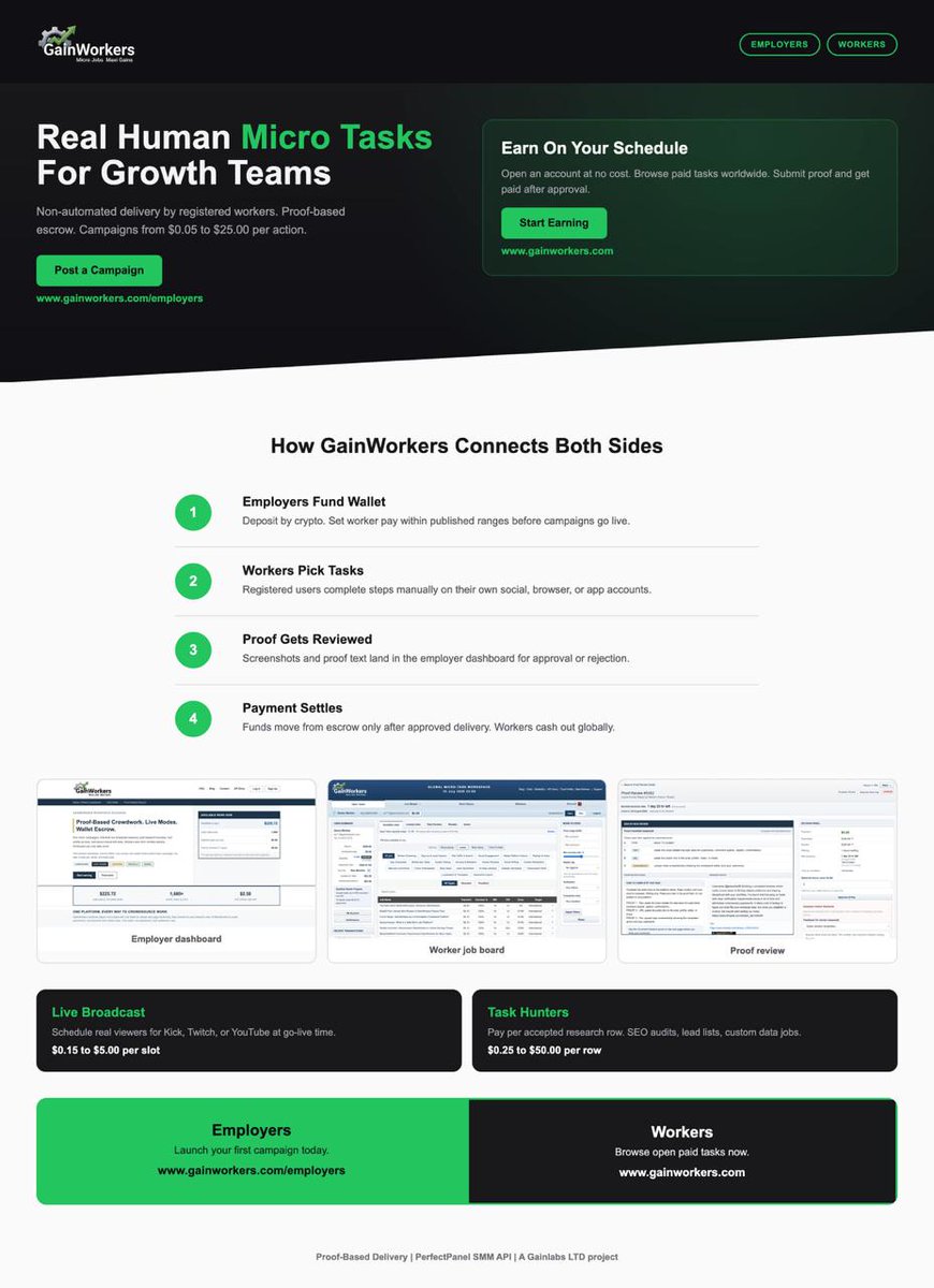 GainWorkers0's tweet photo. Scale your growth campaigns with proof-based delivery! 📈

GainWorkers connects employers with real human workers: 1️⃣ Fund wallet 2️⃣ Workers pick tasks 3️⃣ Review proof screenshots 4️⃣ Funds settle safely in escrow

#GainWorkers #GrowthHacking #DigitalMarketing #MicroTasks #Crowdwork #Outsourcing