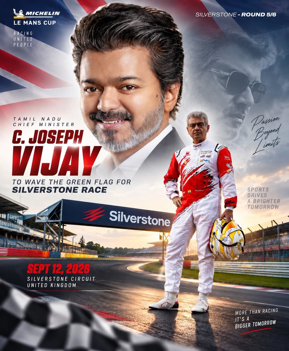 Gokulnath_Vj's tweet photo. Our chief minister of tamilnadu @actorvijay , @TVKVijayHQ will be joining us to support our Indian drivers in the UK and officially start the #SilverstoneRound in front of the 44-car grid. 🏁
@CMOTamilnadu #CMJosephVijay
Congratulations to #AjithKumar @Akracingoffl 🇮🇳❤️ https://t.co/bYOUTKabkj