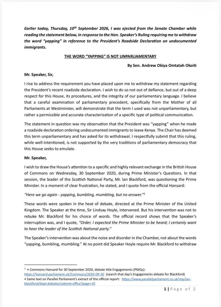 OkiyaOmtatah's tweet photo. I have been suspended from the @Senate_KE for three sitting days for REFUSING to withdraw the word “yapping” in describing the President’s ROADSIDE declaration on undocumented immigrants.

I respect the Chair, but I will not surrender the constitutional duty to speak truth to power.

Article 135 requires PRESIDENTIAL decisions made under the Constitution to be in WRITING , SEALED and SIGNED. A roadside utterance cannot acquire the force of law simply because it comes from the President.

If calling out UNCONSTITUTIONAL governance is punishable, then the greater danger is not the word “yapping”. It is the growing intolerance for accountability.

Three days outside the Chamber will not silence me. I will continue to defend the Constitution and the Kenyan people. https://t.co/PkvYwrBgq5