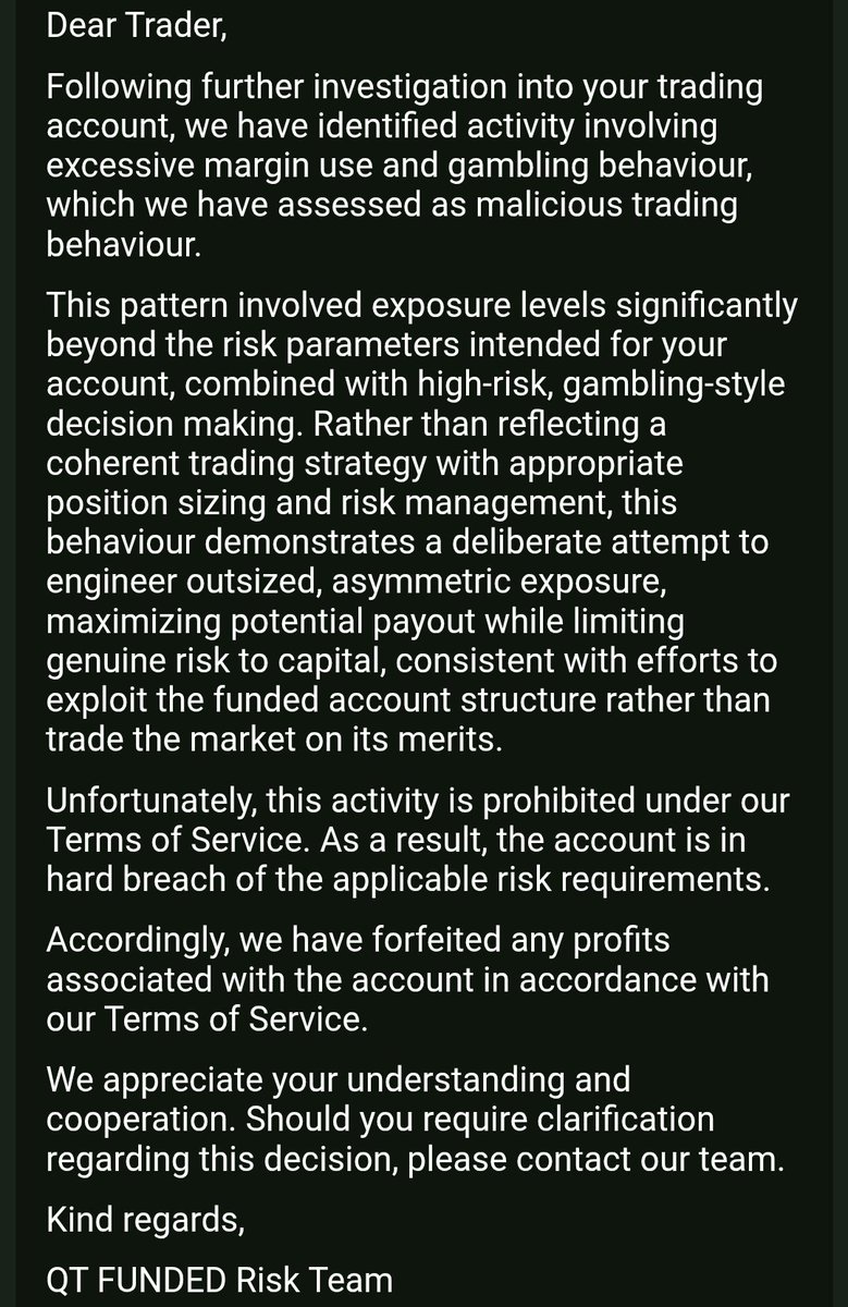 sentinel_edge's tweet photo. @futtbucker71 @QtFunded Got same email 😂. Thanks @QtFunded for making us wait for 20 days just to see payout denial https://t.co/HZRXcm44zU