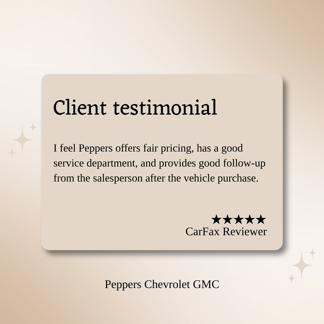 PeppersAuto's tweet photo. Thanks for sharing your experience! We're glad to hear you found our pricing fair, our service department reliable, and our sales follow-up helpful. We truly appreciate your feedback and look forward to seeing you again at Peppers Chevrolet Buick GMC! https://t.co/vXfTjn513q