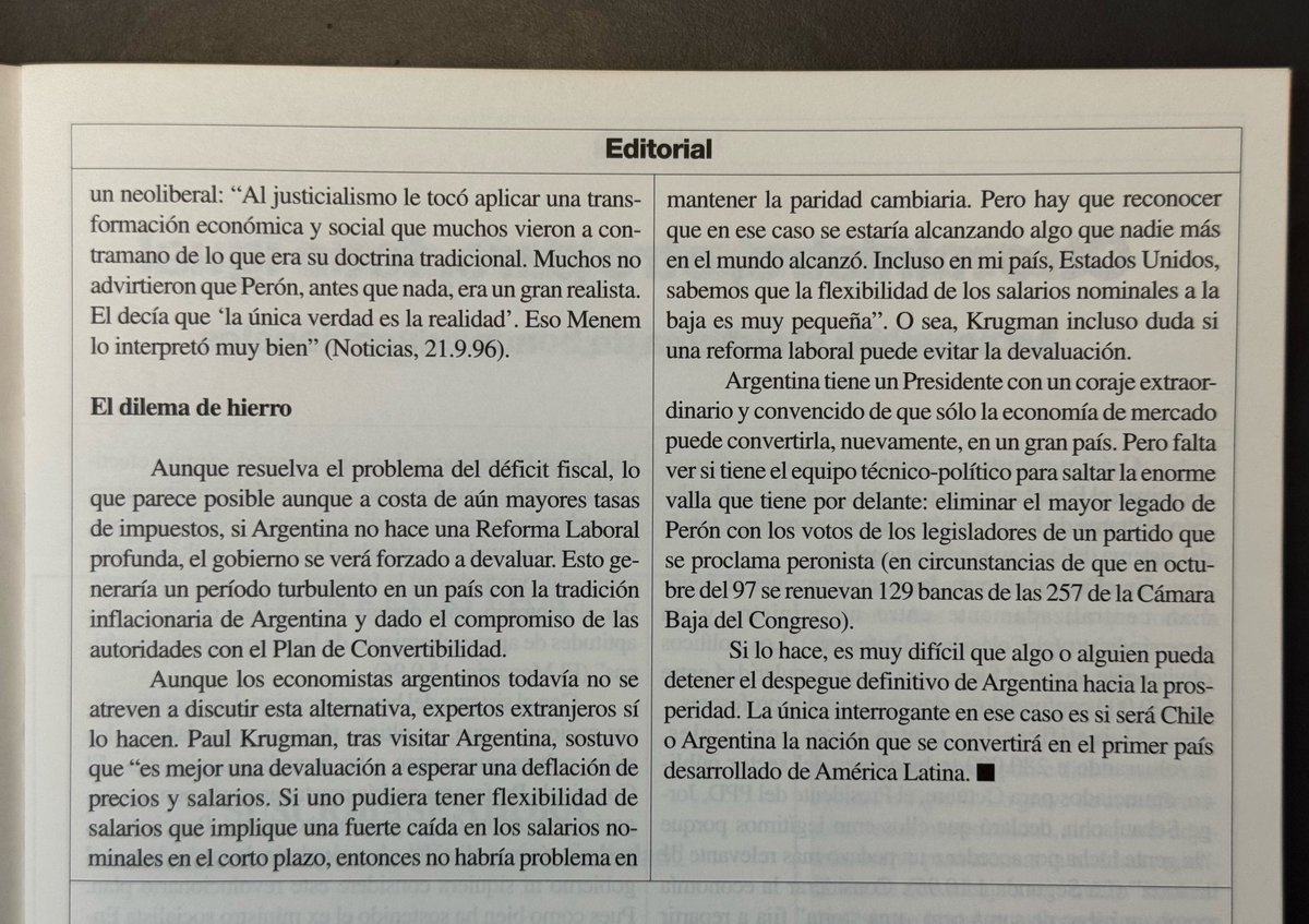 hiperfalcon's tweet photo. Una reliquia de 1996 donde la pluma de José Piñera, pese a los grandes avances que se habían dado en Argentina, advertía problemas: deficiencias en el diseño de las AFJPs, altos impuestos, rigidez laboral, captura sindical. Pese a todo había optimismo. Luego volvimos a fojas cero.