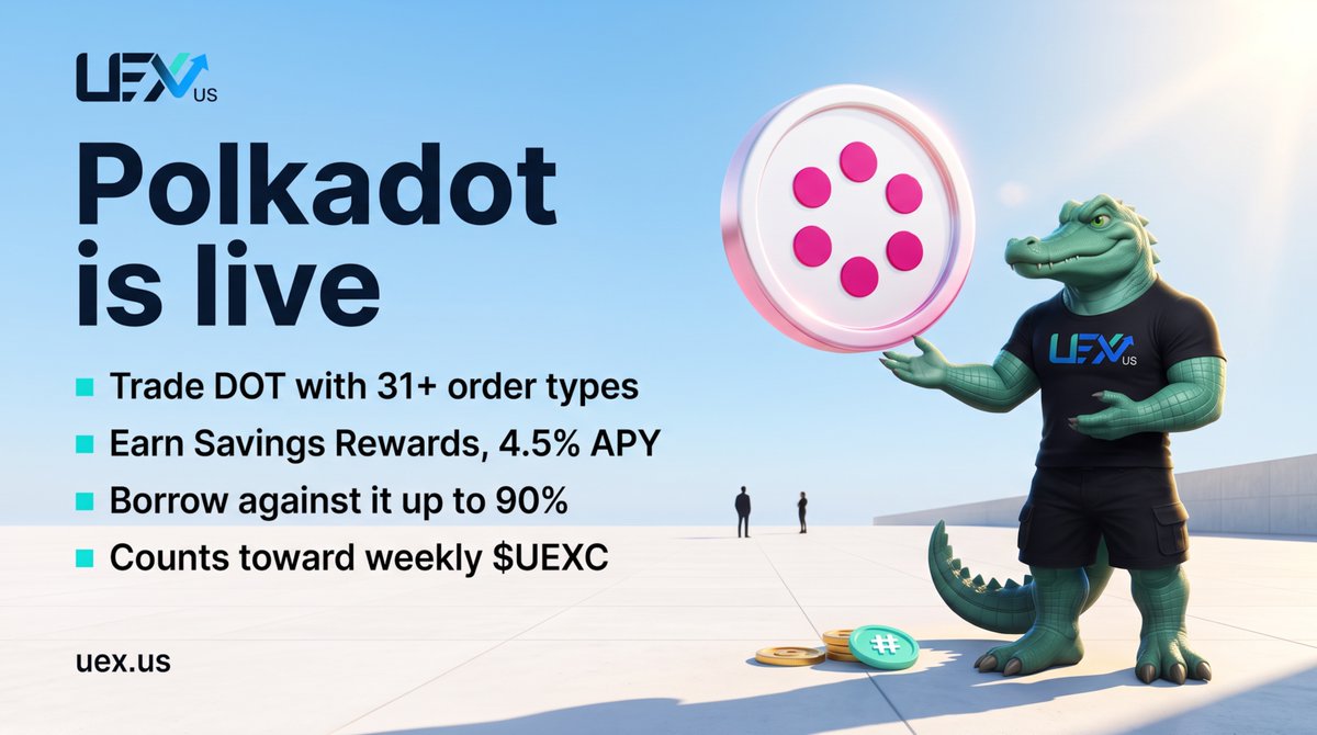uex_us's tweet photo. Polkadot has landed on UEX US.

$DOT is now live to trade, hold and borrow against:

Trade DOT with 31+ order types on Trading Pro
Earn Savings Rewards on your DOT, 4.5% APY, credited daily, no staking, no lockups
Borrow against it with Loans at up to 90% of value, no need to sell
Deposit DOT and it counts toward your weekly $UEXC share

Trade it at https://t.co/ukiaEdoXF4

Rates variable. Terms apply. Service availability varies by state.