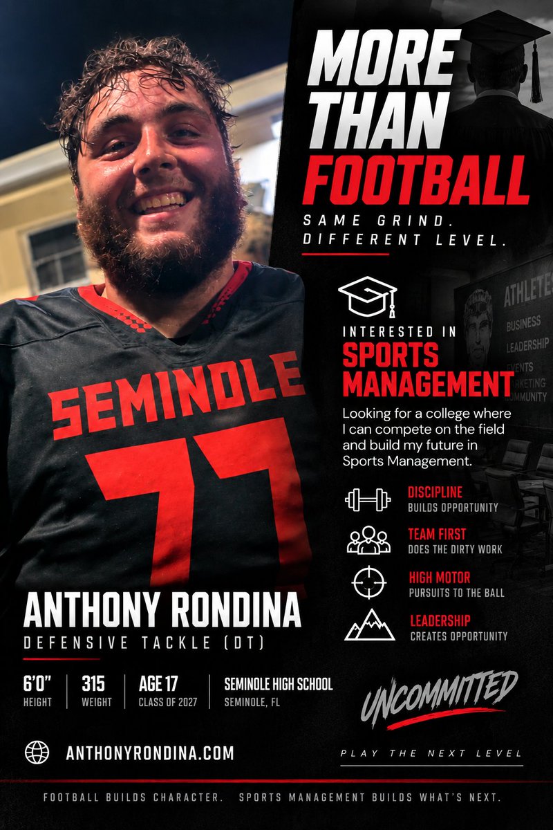 AnthonyR_fb's tweet photo. Same grind. Different level. 🦏

I’m looking for an opportunity to play college football and study Sports Management.

2027 DT/DE | 6'0" 315 | Seminole HS, FL | Uncommitted
@CoachMelo90 @AliciaPayneFIU @CoachJoeCauthen @denelusloobert
#ClassOf2027 #Uncommitted https://t.co/4nGBkzqOjC