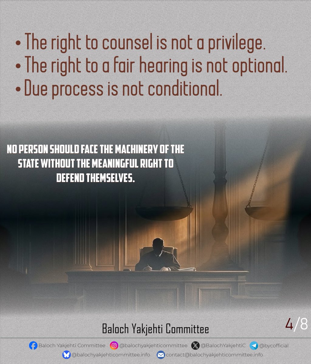 BalochYakjehtiC's tweet photo. 1/ When the right to a fair trial is denied, justice itself is put on trial.

The proceedings against Gullzadi Baloch before Additional Session Judge-I Qadir Shah Bukhari raise grave concerns about judicial independence, due process, and fundamental human rights.

2/ A judge stating that he is under pressure and may have to impose life imprisonment or even a death sentence raises an alarming question:

Can a trial be fair when the judge himself speaks of pressure?

3/ On 7 September, despite a court strike and the absence of defence counsel, proceedings continued and a witness was cross-examined without defence representation.

No person should face the machinery of the state without the meaningful right to defend themselves.

4/ The right to counsel is not a privilege.
The right to a fair hearing is not optional.
Due process is not conditional.

These are fundamental human rights protected under Pakistan’s Constitution and international law.