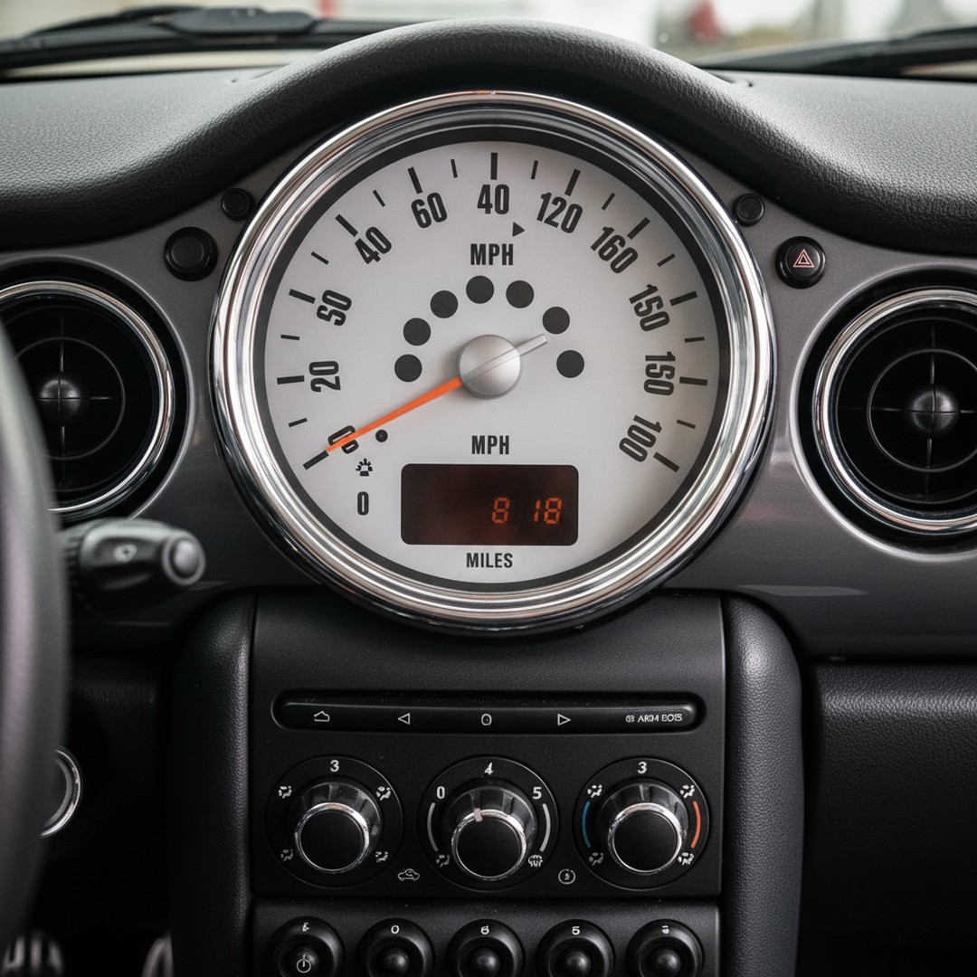anthomoore95134's tweet photo. Can you name this car? Its iconic centre speedometer and retro vibes make this dashboard a blast from the past. Hint: a modern classic with a cheeky personality. Comment below! https://t.co/E4sbftNGXC