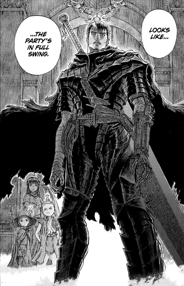 DarkHorseComics's tweet photo. The Black Swordsman group is always ready to party.

Panel comes from #Berserk Deluxe Edition Volume 10 by the legendary Kentaro Miura, available wherever you buy manga.

#DHManga https://t.co/8XgId1XDmN