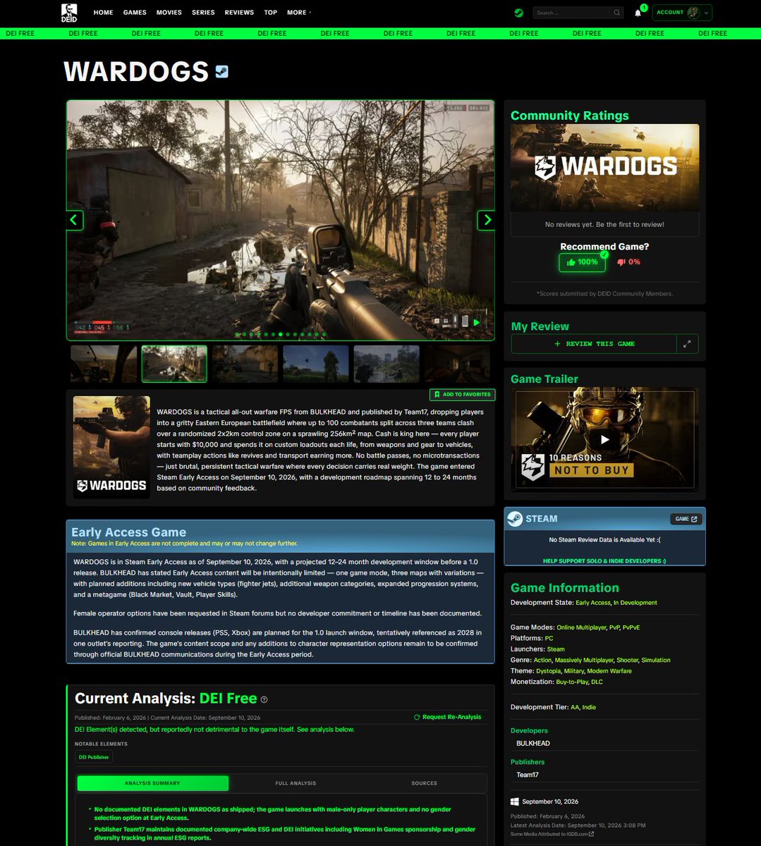 DeiDetective's tweet photo. WARDOGS | Now in Early Access on PC
Current Analysis: DEI Free 🟢

• No DEI elements detected in shipped build
• Male-only characters, no gender selection
• No consultants or sensitivity readers confirmed
• No ideological narrative or social messaging https://t.co/RXX8aaS3gw