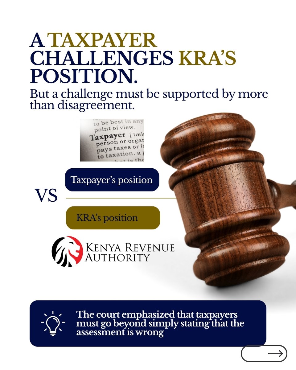 WainainaCharles's tweet photo. In tax disputes, stating "the assessment is wrong" isn't a legal defense.

Court precedent (Ushindi Ltd v KRA) shows you must prove: 
• Disputed amount 
• Exact transaction &amp; tax head 
• Verifiable records
 • Legal basis

Substance beats slogans every time.
#TaxGovernance https://t.co/h2QEDb8Zh9