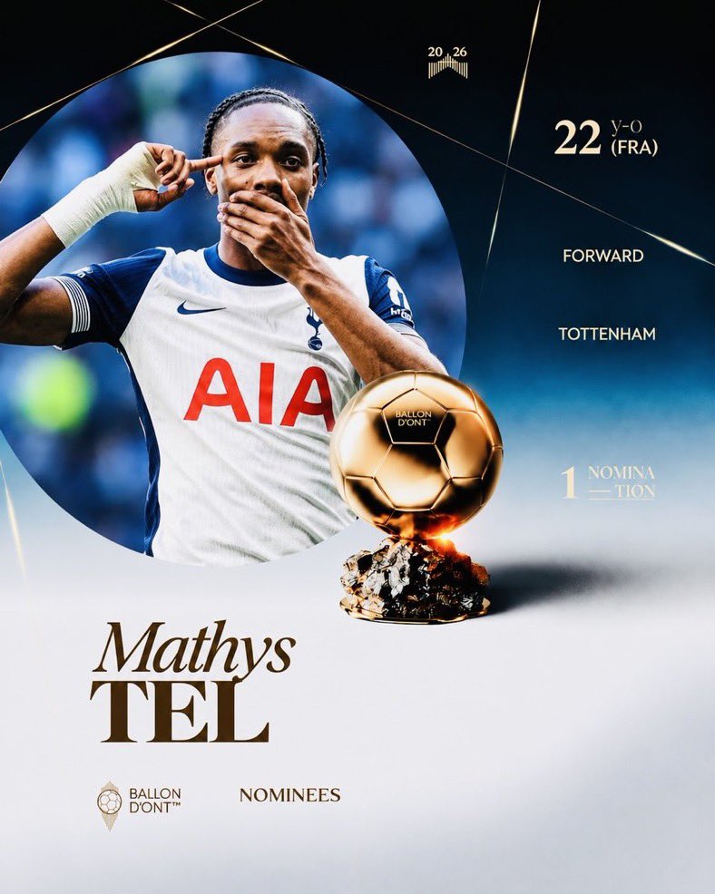 THFCFiles's tweet photo. 🚨 #thfc attacker Mathys Tel has been nominated for 2026 Mens Ballon d'Ont!

Congratulations, Mathys 🤍

via @TheHateCentral2 🥇 https://t.co/OJ4hlRrWrC