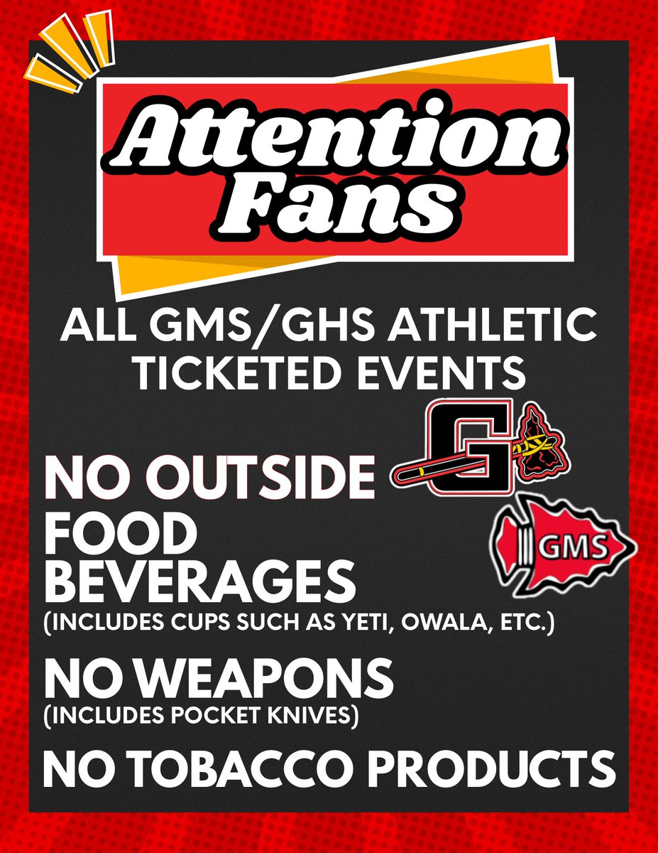 SchoolGilbert's tweet photo. 📣 Reminders for tonights volleyball and football gates!  Thank you for your help in making our events a great atmosphere for all fans! @gilberthsfb @gilbertindians3 @GHS_GilbertSC @GMSWarriors https://t.co/wVI87TmoHp