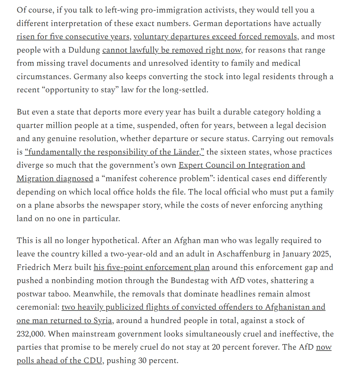 akoustov's tweet photo. For folks who still don't understand why more and more Germans have concerns about immigration: 

As I wrote in July, predicting the AfD's further rise, it's now almost impossible to deport anyone from Germany, even when their asylum application is denied or they commit a crime. https://t.co/Wzgx9HyQVY