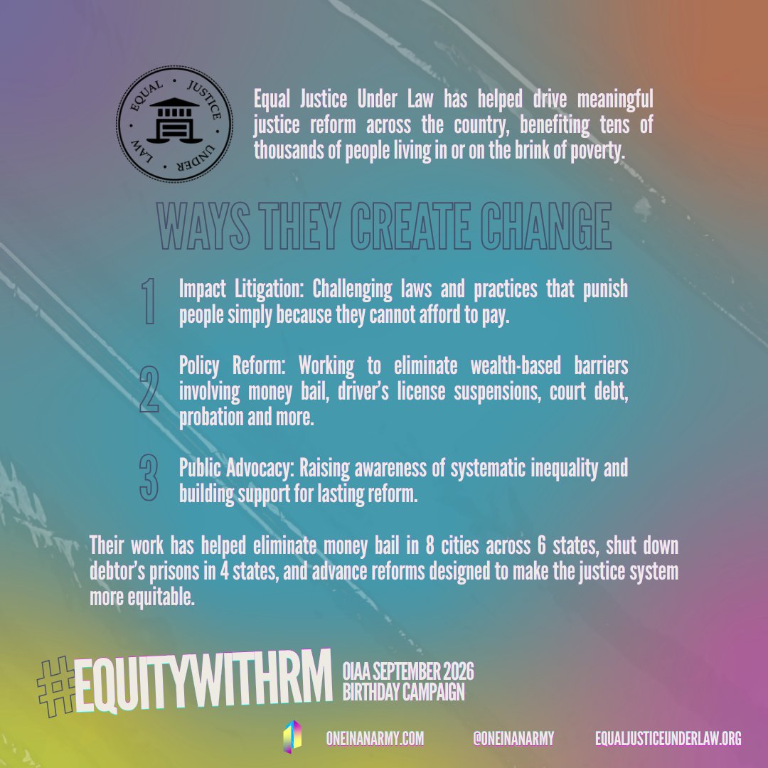 OneInAnARMY's tweet photo. Our #EquityWithRM campaign supports Equal Justice Under Law's endeavour to challenge wealth-based inequalities through impact litigation, policy reform & public outreach. Their proclaimed mission is to overthrow counterproductive laws 💪
Links in reply 👇 https://t.co/o7uG4pFwJW
