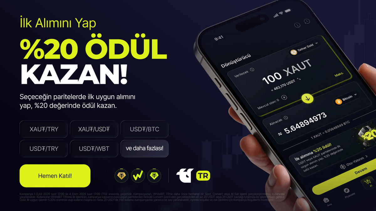 KoinBulteni's tweet photo. WhiteBIT TR’de ilk işleminin %20’si hediye!

@WhiteBIT_TR’ye kayıt ol, KYC’ni tamamla ve kampanya kapsamındaki XAU₮, USD₮, WBT veya BTC işlem çiftlerinden biriyle ilk Dönüştür – Convert işlemini gerçekleştir.

İşlem tutarının %20’si kadar XAU₮, USD₮, WBT veya BTC hediye kazanma fırsatını yakala! 🎁

Kampanyaya katılmak için 👇

https://t.co/ptMyaZzqHq
