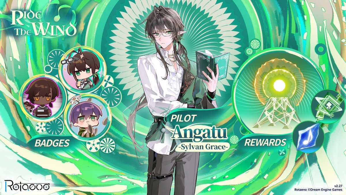 DreamEngineGame's tweet photo. 【Rotaeno v2.27 Limited-Time Event Preview】
Take part in the limited-time event to earn S0 Voyage Levels, the Pilot “Angatu - Sylvan Grace -”, an exclusive avatar, Voyage Data, and many more rewards.
This event features the “Disaster Challenge” mode.
*The Pilot “Angatu - Sylvan Grace -” is an exclusive reward for purchasing the “Ride the Wind” song pack.
Event Period: September 17–October 4