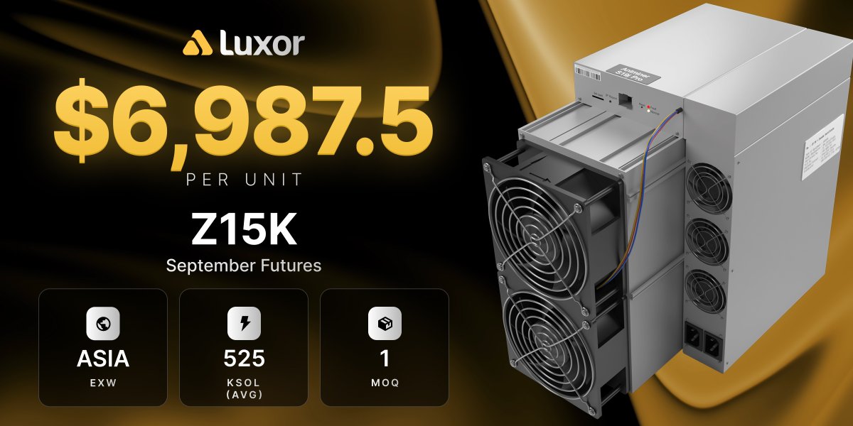 luxor's tweet photo. Zcash miners, available now.

Antminer Z15K and Z15 Pro futures. Sep and Q1 2027 delivery. MOQ 1.

Pricing changes daily in this market, email us for a live quote.

Talk to our team at https://t.co/C5TVGiawEL https://t.co/MJzJP0DLG4