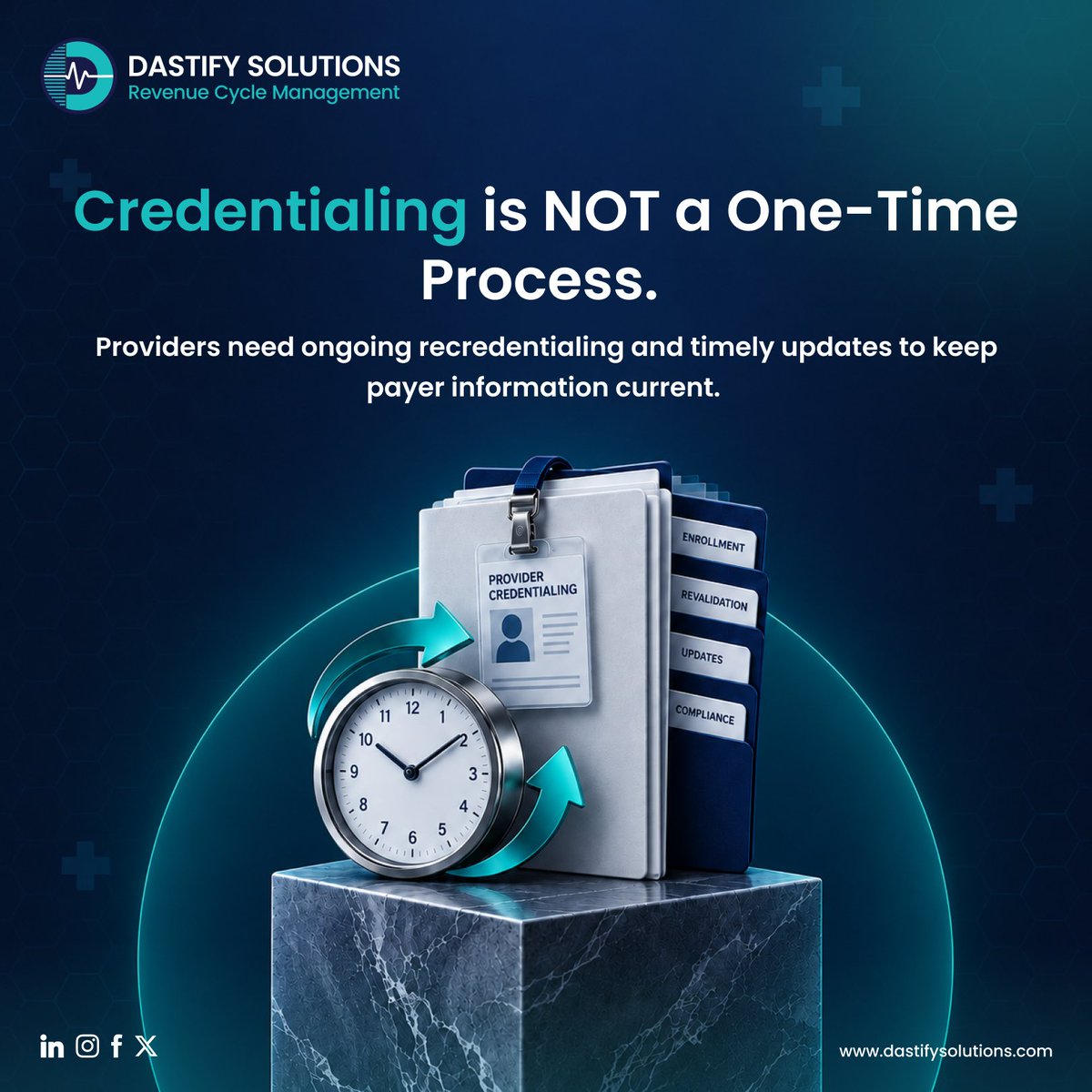 dastifyUSA's tweet photo. Credentialing doesn’t end after enrollment. Ongoing maintenance helps prevent outdated provider information from turning into enrollment issues, payment delays, or billing disruptions.

Keep your credentials current. Keep your revenue moving.

#MedicalCredentialing https://t.co/XwclQtdBuu
