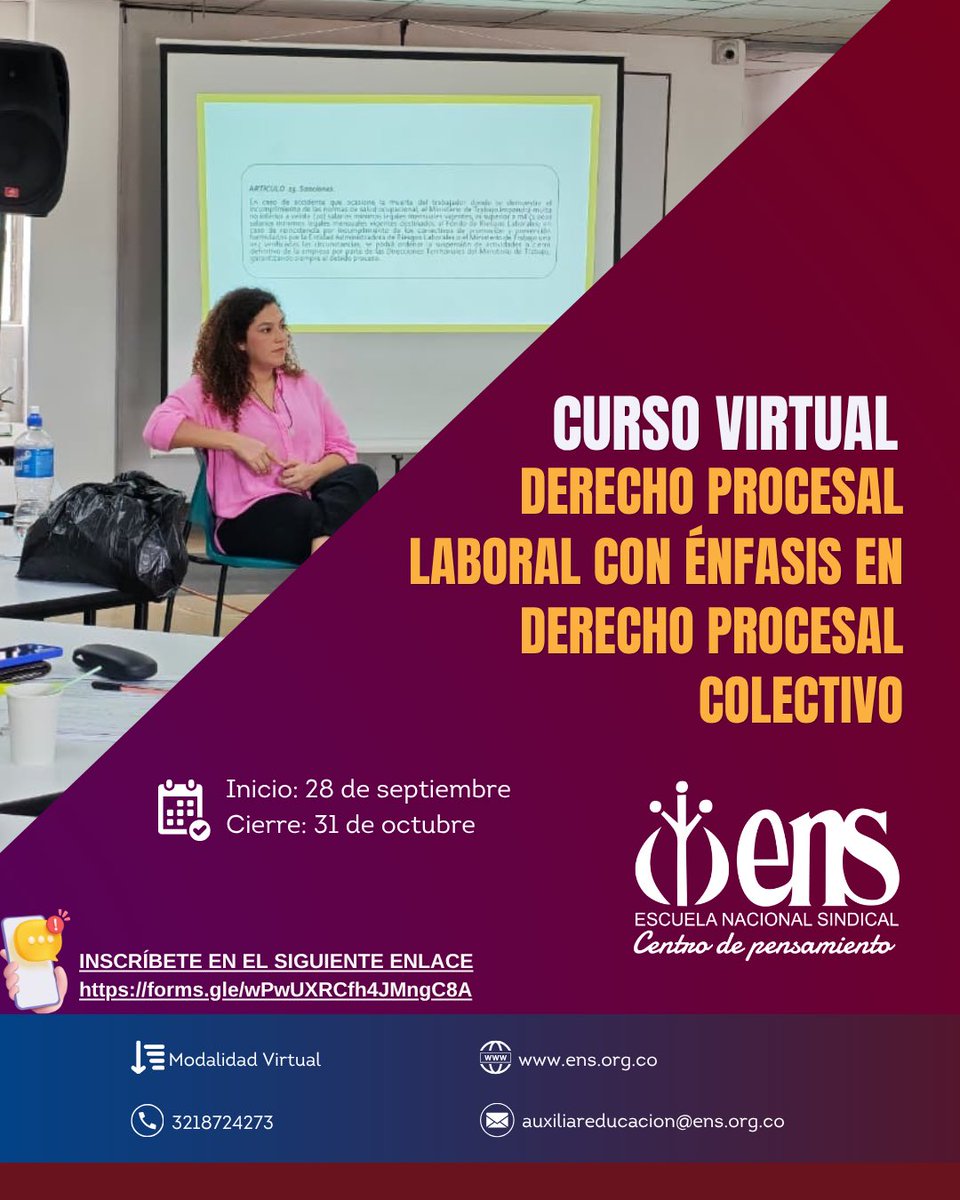 ENSColombia's tweet photo. 💻 Te invitamos a nuestro Curso virtual: Derecho Procesal Laboral con énfasis en Derecho Procesal Colectivo. ⚖️📚

🗓️ Del 28 de septiembre al 31 de octubre
🔗 Inscríbete y participa: https://t.co/136XPMt1Sn https://t.co/URLi9oBbQQ