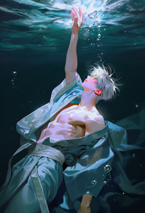 truth_vicky's tweet photo. [프롬 공유]

"닿을 수 없는 너라서."

profile view, full body,
3::underwater::,
2::submerged underwater::,
3::sexy mood::,

floating on back,body resting on water,water surface above,air bubbles,water distortion,loose flowing eastern-style robe,robe slipping off one shoulder,layered flowing robes,

1.5::one arm raised straight upward::,
looking at the raised hand,other arm relaxed,

1.2::dark underwater environment::,dim atmosphere,dreamy atmosphere,ethereal atmosphere