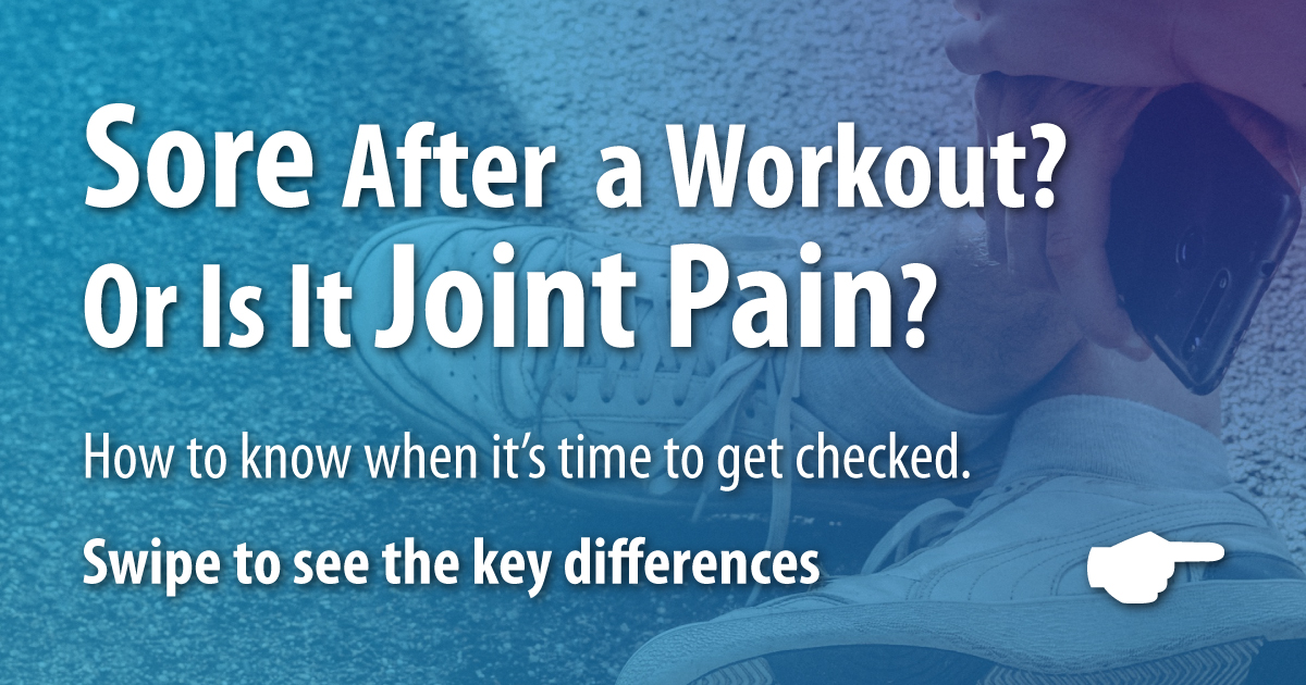 Arthritisports's tweet photo. Sore after a workout—or is it joint pain?

Muscle soreness is usually dull, tender &amp; improves in a few days.

Joint pain may be sharp, swollen, unstable or limit motion.

Persistent or worsening joint pain deserves a closer look.

https://t.co/1xh4UQ0rP1 https://t.co/P5LLCziQNd