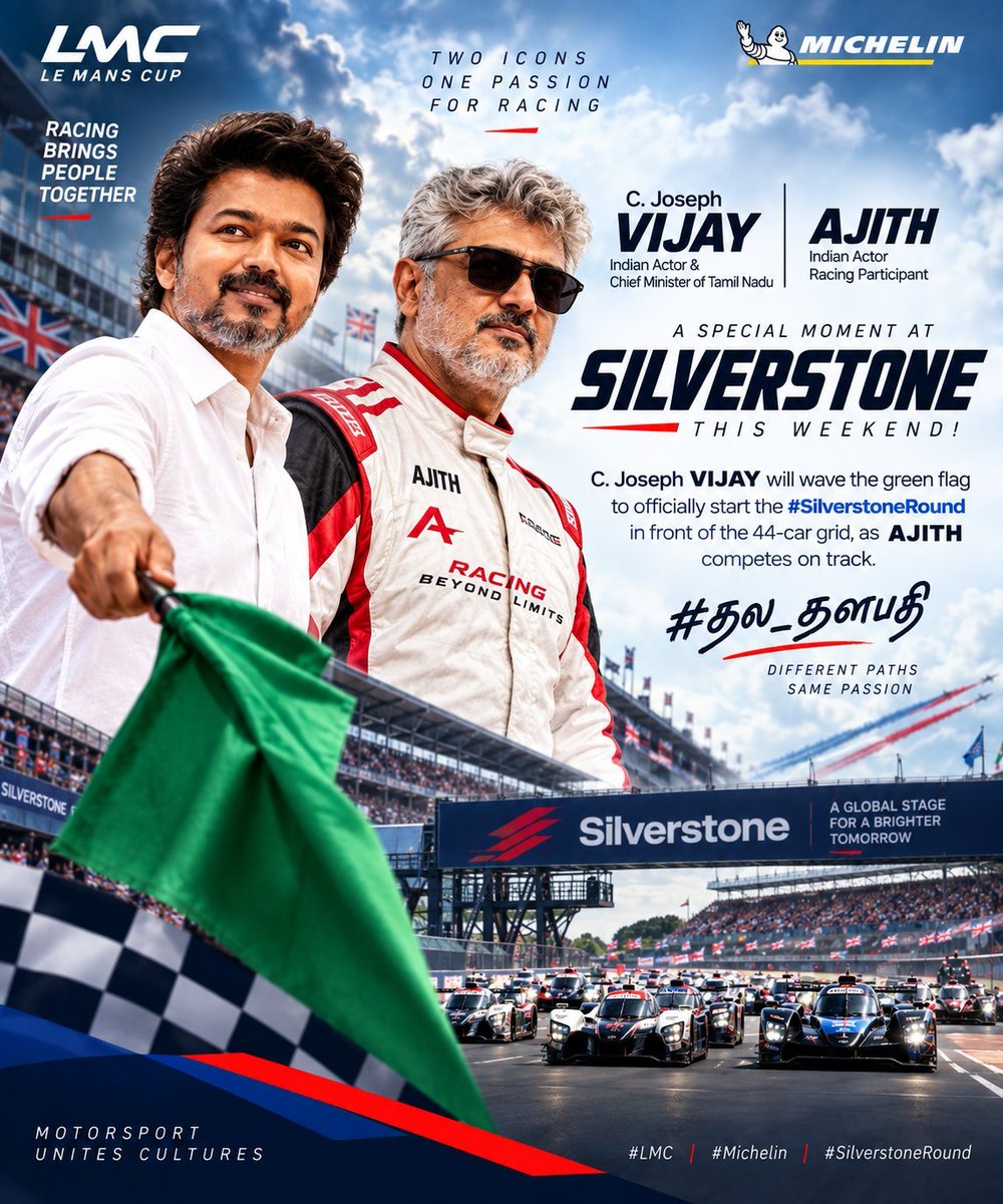 asr2188's tweet photo. No one would have ever imagined this moment 💕
Tamil Nadu Chief Minister Thalapathy @TVKVijayHQ waving the flag and officially flagging off #SilverstoneRound where Thala Ajith Kumar @Akracingoffl competes on the track 🏁
From cinema rivals in the hearts of fans to witnessing such a historic moment in real life, this is truly something no one could have imagined 🤩🤩🤩
History in the making🔥🔥🔥
#TVK #TVKVijay #TVKVijayHQ #Ajithkumar