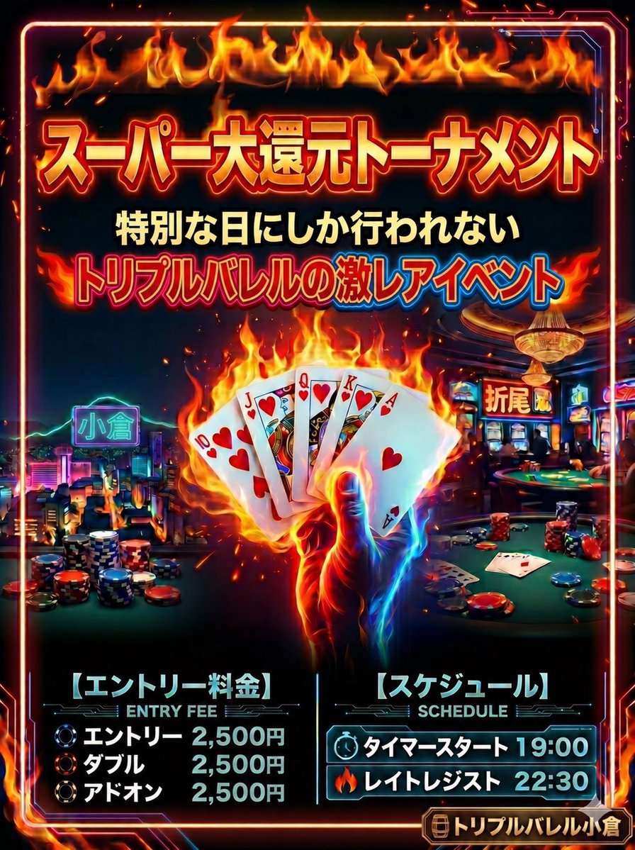triplebarrel__'s tweet photo. 9月13日は、、、

🚨🚨FST店舗DAY1‼️🚨🚨

📢 FSTメイントーナメント 
店舗DAY1 開催‼️ 📢

大会本戦前にDAY2への切符を掴む
チャンスです‼️

🏆 FST店舗DAY1 

📍トリプルバレル小倉店

📅 9月13日（日）

⏰オープン　　　　　16:30
⏰タイマースタート　17:00
⏰レイトレジスト　　21:20

💰参加方法

🎫チケット2枚

🎫チケット1枚＋25,000円

💴50,000円

🃏スタートスタック
40,000点

※エントリー・リエントリーごとに
施設利用料6,000円

※店舗DAY1に参加される方は
飲み放題のみのご利用となります。

✨店舗DAY1を突破すれば一足先にDAY2進出決定‼️✨

さらに…

店舗DAY1通過後に会場DAY1へ参加し通過した場合は、

🔥獲得スタックの多い方を選んでDAY2へ進出可能‼️🔥

店舗DAY1を突破しておけば、
本戦でさらに上のスタックを狙うチャンスも残されています✨

🎁サイドイベント同時開催‼️

本日のサイドイベントは、、

🔥スーパー大還元トーナメント🔥

「サテライトでリングチップを使うから不安…💦」
そんな皆さまもご安心ください‼️

前回の総プライズは
157万リングチップを排出✨✨

この日はリングチップ大量獲得の大チャンス🔥
サテライト挑戦資金をここでしっかり増やしましょう💰✨

⏰タイマースタート　19:00
⏰レイトレジスト　　22:30

💴エントリー　2,500円
💴ダブル　　　2,500円
💴アドオン　　2,500円

シンプルだからこそ熱い‼️
リングチップを大量獲得できる
超お得な還元イベントとなっております🔥

サテライトへ向けてチップを増やす絶好の
機会‼️
ぜひご参加ください✨

皆さまのご来店を心よりお待ちしております☺️♠️♥️♣️♦️

@fst_202408 
@choki2maki2
@triple_orio