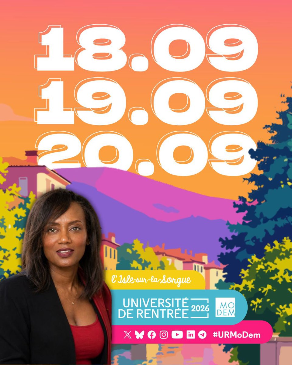 ChnfKassandrah's tweet photo. Cap sur l’Isle-sur-la-Sorgue pour l’#UrMoDem !

3 jours pour échanger et débattre à l’approche d’une année présidentielle majeure.

L’occasion aussi de porter Mayotte et les Outre-mer dans nos réflexions sur l’avenir de notre pays.

Heureuse de retrouver notre famille démocrate !
https://t.co/33NA3mkufv