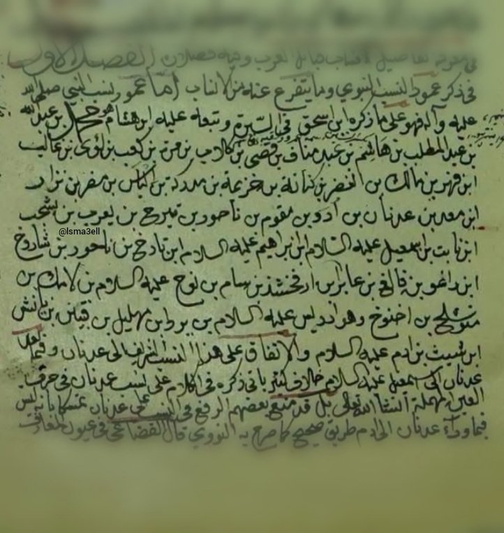 Isma3eell's tweet photo. روى البيهقي في "دلائل النبوة" 
أن النبيﷺ قال: أنا محمد بن عبد الله بن عبد المطلب بن هاشم بن عبد مناف بن قصي بن كلاب بن مرة بن كعب بن لؤي بن غالب بن فهر بن مالك بن النضر بن كنانة بن خزيمة بن مدركة بن إلياس بن مضر بن نزار بن معد بن عدنان،
ما افترق الناس فرقتين إلا جعلني الله في خيرهما، فأخرجت من بين أبوي، فلم يصبني شيء من عهد الجاهلية، وخرجت من نكاح، ولم أخرج من سفاح، من لدن آدم حتى انتهيت إلى أبي وأمي، فأنا خيركم نفسا، وخيركم أباً"