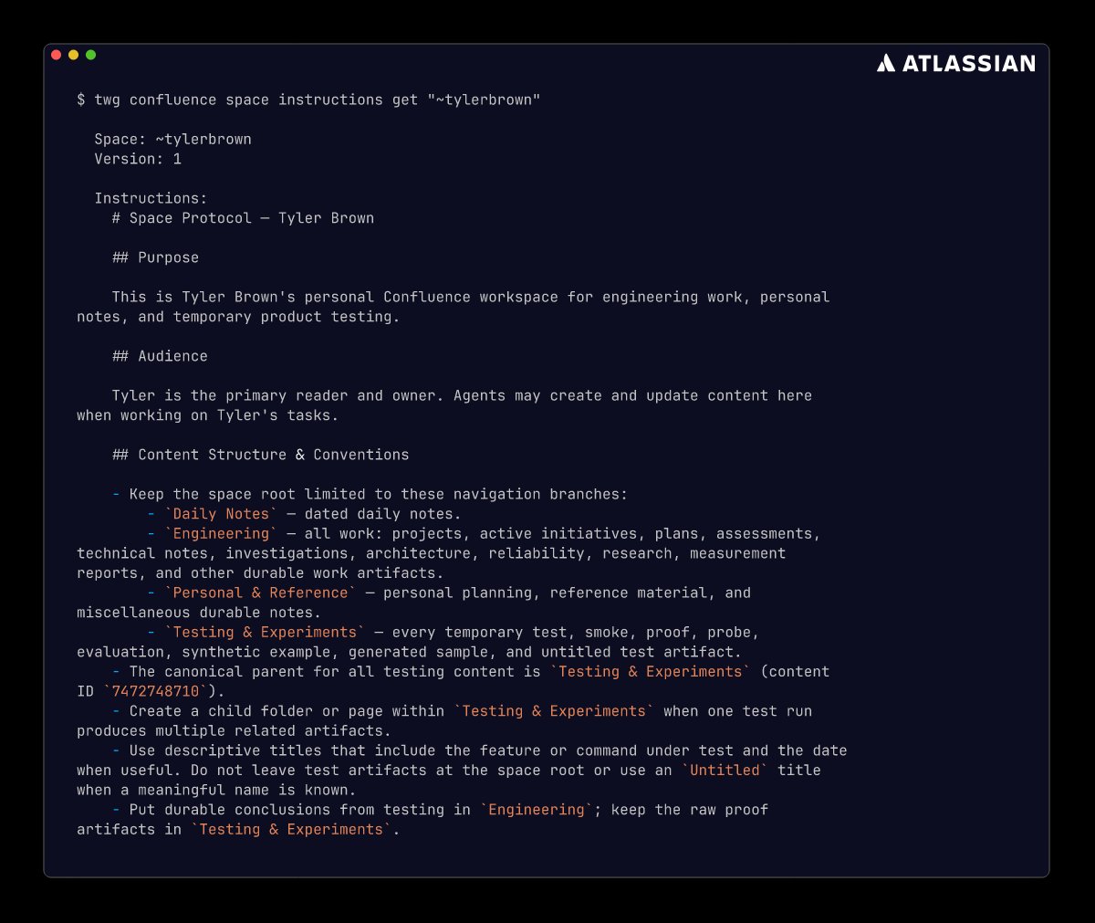 TylerBrownAT's tweet photo. Sharing my favorite twg cli command, and the one my agents use constantly every day:
twg confluence space instructions get.

Its like AGENTS.md for your Confluence space. Never again will you have to tell Claude where to put that new page, just set it up once and it'll always pick the right place. And thats just the start, you can do so much more.

If you check it out I'd love your feedback, just drop it here! 

https://t.co/lDNtiHUMTd