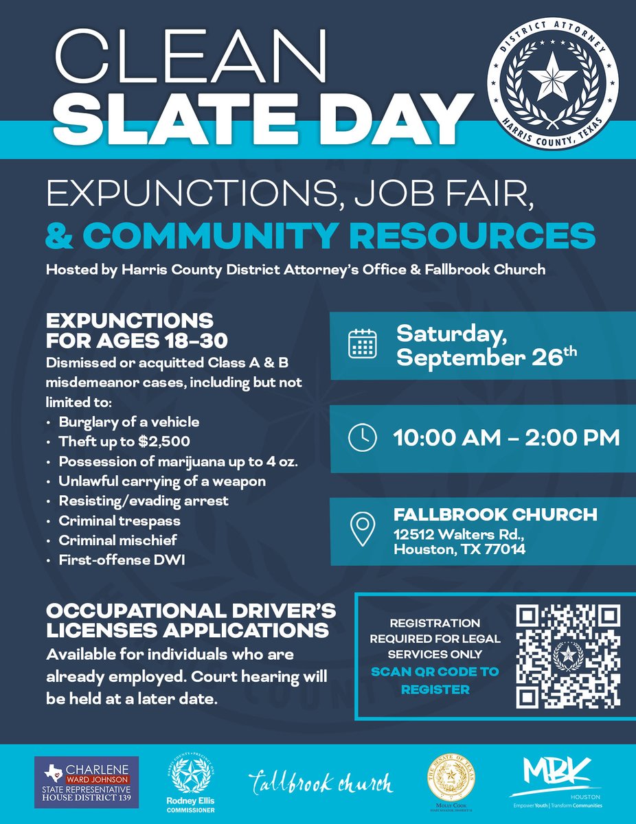 HarrisCountyDAO's tweet photo. Got a weed or other minor offense charge sticking on your record and making it harder to get a job, housing, or school opportunities?

You’re not alone, and we’re here to help. Come by our expunction clinic on 9/26. 

Deets⤵️ https://t.co/U5ejLHDDLw