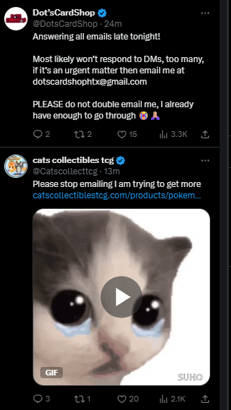SummitCards's tweet photo. My feed right now between @Catscollecttcg and @DotsCardShop has me rolling.  These two getting slammed with people wanting more product :) https://t.co/fwc1ckIdOl