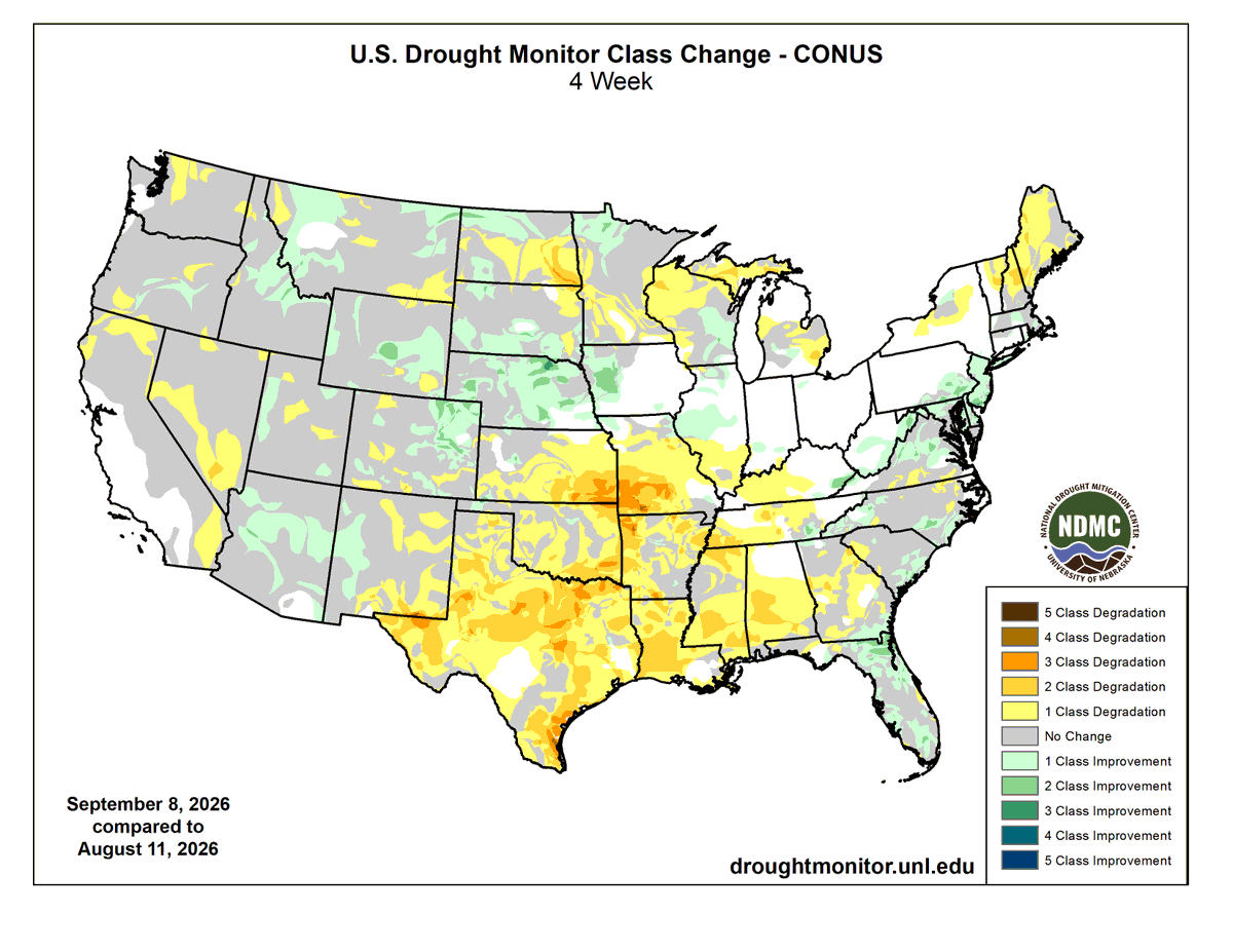 schmitt_dawson's tweet photo. Large drought expansion observed across the southern tier of the U.S. over the past month. Notably, cotton areas under drought rose to 63% this past week, up 4% from the previous week and 31% higher than a year ago. https://t.co/6oQ9KsDNyi