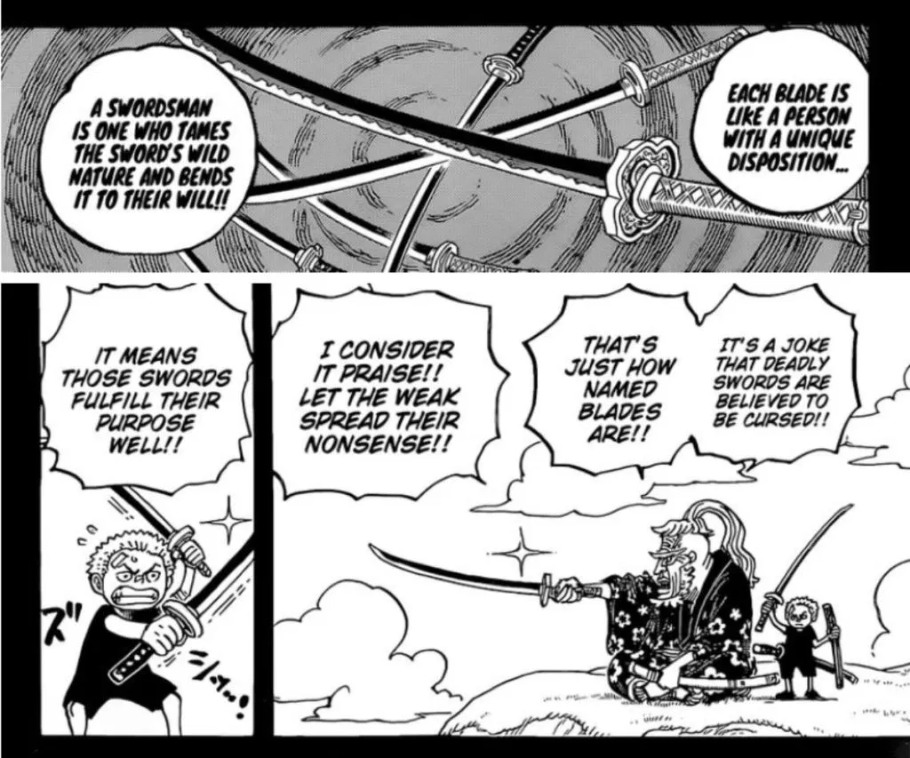 marimosilent's tweet photo. #ONEPIECE1193 Apparently Oda's set up power system for Zoro is too confusing for some so let me simplify it..

- In Wano Zoro acquired great grade blade Enma, This blade is stated to have the ability to forcefully suck out a user's ryuo. Meaning if not controlled, the wielder will release too much Haki into the sword & collapse.

- Zoro successfully tames Enma in his fight against King by controlling the amount of Haki he releases into his swords instead of letting Enma drain it out of him.

- As for how Wado Ichimonji and Sandai Kitetsu come into the picture? Well simple.. During the flashbacks with shimotsuki Kozaburo he mentioned that each blade has it's own unique personality.. A swordsman is one who tames the sword's nature & bends it to their own will.. He mentions that it's a joke that deadly swords are believed to be cursed.. Calling a sword cursed is something only the weak do and it should be considered praise as it only means that the sword is doing it's job right. Zoro himself mentioned that Oden must've been able to wield Enma with ease & realised it wasn't the swords, it was his own power that was lacking. This lead to Zoro breaking free from the belief that a sword could be cursed and therefore he successfully learned to release Haki onto his blades on his own command.

- Now how CoC ties into this is pretty simple.. When Zoro fights he has the ability to either release a little amount of Haki into his swords or alot.. Whenever Zoro is in a state where he decides to pour alot of Haki into his swords, he enters his ''King Of Hell'' state.. This suggests that Zoro is releasing so much Haki that even his CoC leaks out of him & gets coated onto the swords.

- Zoro up until Elbaf was never aware of the fact that he possessed CoC because in his mind what he learned was only solely tied to Armament Haki. Now in elbaf it's up to Zoro to learn how to control his CoC in order to infuse it on his blades at his own command.
