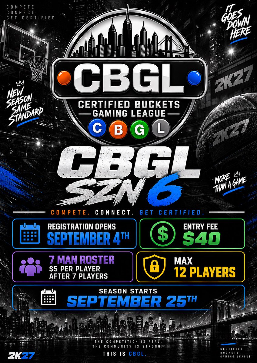 EastCoastCBG2k's tweet photo. # 🚨 CBGL SZN 6 REGISTRATION IS OPEN! 🚨
💰 $40 Entry
👥 7-Man Roster | Max 12
➕ $5 per player after 7
📅 Season Starts September 25
Think your squad can compete? Lock in your spot now! 🏆
#nba2k27 #crew #byot #nba2k #nba2kleague https://t.co/JmdtgMptKO