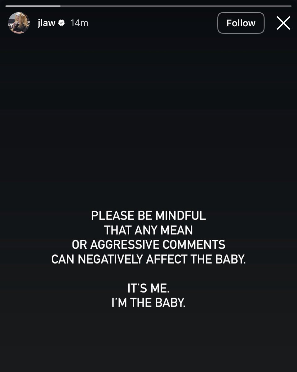 TheCinesthetic's tweet photo. Jennifer Lawrence shares her first Instagram Story and post:

“If anyone says anything negative, I will quit. Immediately. If anyone thinks something mean, I’ll know. And I’ll quit.”

“Please be mindful that any mean or aggressive comments can negatively affect the baby.

It’s me. I’m the baby.”
