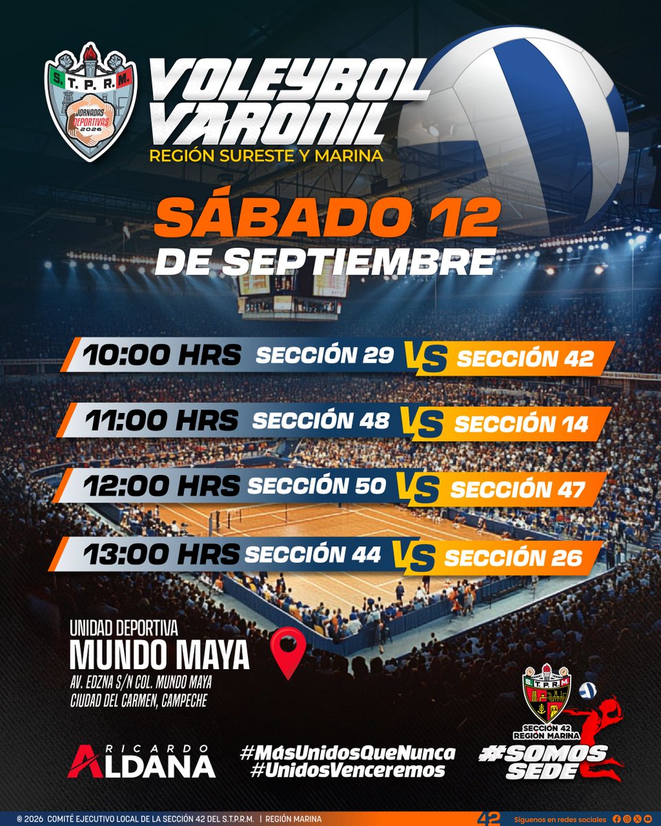 Seccion42_STPRM's tweet photo. Este fin de semana, la Sección 42 Región Marina recibe con orgullo los encuentros de voleibol varonil de la Tercera Etapa de las Jornadas Deportivas PEMEX‑STPRM 2026, reafirmando nuestro compromiso con el deporte, la unidad y la visión de nuestro dirigente nacional Luis Ricardo Aldana, quien impulsa la salud y la sana convivencia entre las y los trabajadores.

Compartimos la tabla de horarios de los partidos que se celebrarán este sábado y domingo 12 y 13 de septiembre, en la Unidad Deportiva Mundo Maya, donde la Sección 42 funge como sede.

¡Somos sede y lo vivimos con orgullo!

#SomosSEDE #SomosSTPRM #MásUnidosQueNunca #UnidosVenceremos 
@lgps03101 @MarcoAzuara1