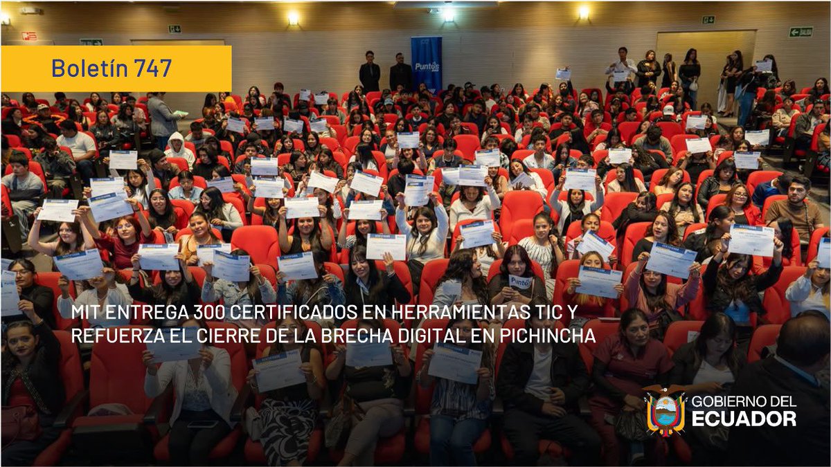MIT_Ecuador's tweet photo. 📌🗞️ #Boletín | MIT entrega 300 certificados en herramientas TIC y refuerza el cierre de la brecha digital en Pichincha

👉🏼 Más información: https://t.co/0ZbQCWt6LM https://t.co/C6RuBDCLiF