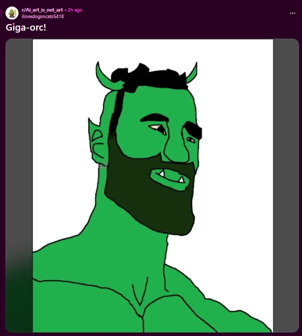mslate55's tweet photo. NEW ANTI AI GIGACHAD CHARACTER
The Anti AI community has been spamming Goblin characters in the r/Ai_art_is_not_art community
And they literally just made a GIGA CHAD version of it
https://t.co/9FefuJ05be https://t.co/500SzpyTrB