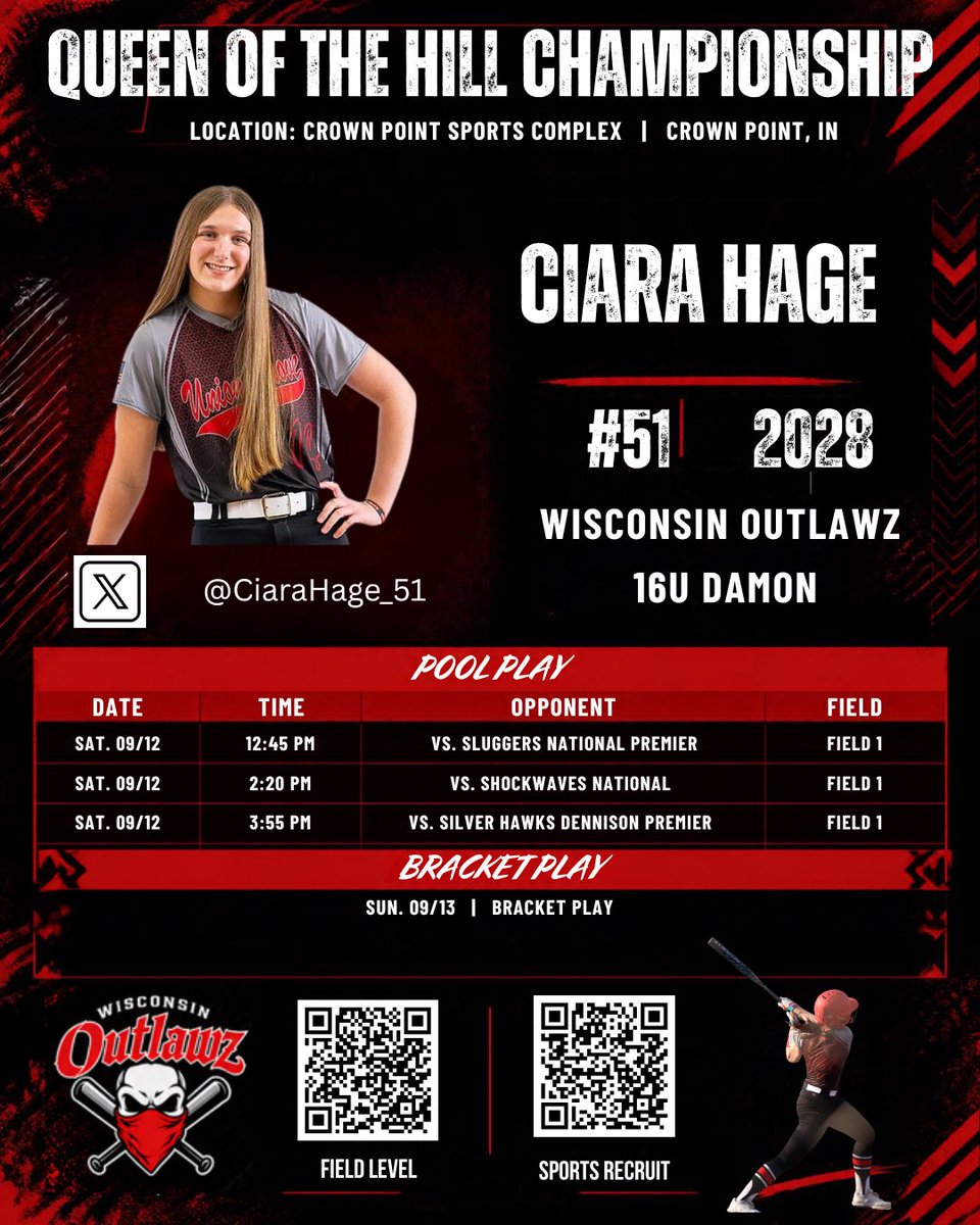 CiaraHage_51's tweet photo. (2028, RHP/1B/OF) Looking forward to competing in the Queen of the Hill Championship this weekend! @Wisoutlawz @MidwestPremierS @tagupSoftball @CoastRecruits @DiamondAddicts @SBRRetweets https://t.co/PrUsJ5svDM