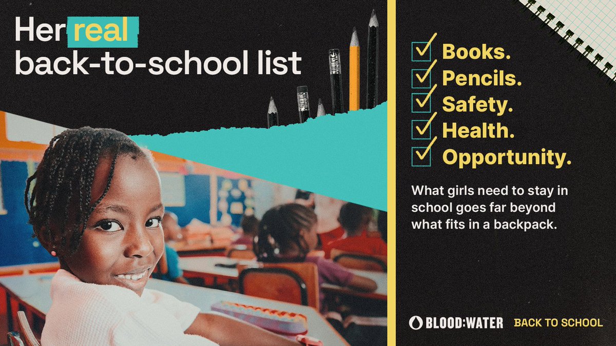 bloodwater's tweet photo. A girl’s back-to-school list is bigger than a backpack.

Clean water. Safe sanitation. Menstrual health support. HIV care. Family resilience. Trusted local leaders.

This September, help support the whole list: https://t.co/EOjqbCu8Rr

#BackToSchool #GirlsEducation https://t.co/JEWq0yv4Bu