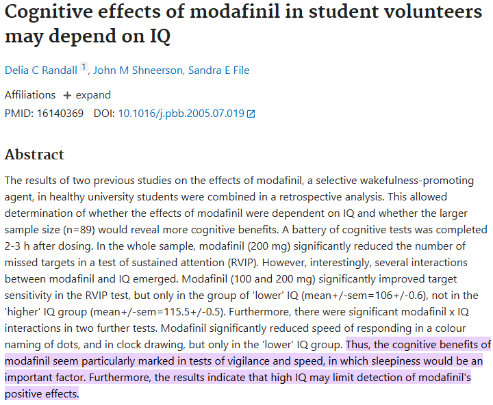 doctormorphh's tweet photo. retards benefit more from modafinil, scientifically proven.

according to a study in humans, IQ was significantly coorelated with how much modafinil improved cognitive outcomes. https://t.co/41ziCoNHrM