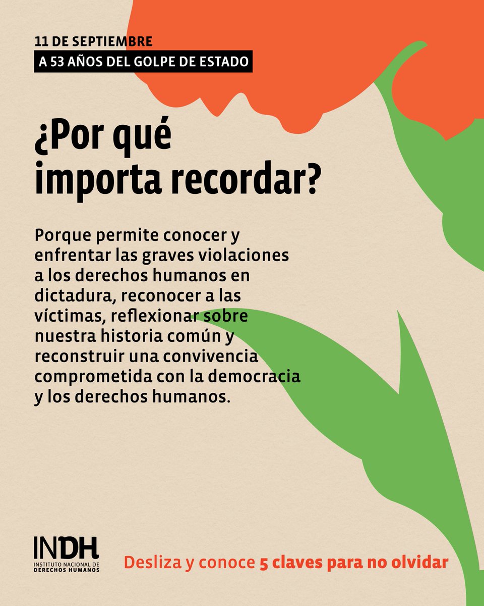 inddhh's tweet photo. 🌹A 53 años del Golpe de Estado: 5 claves para no olvidar.

Verdad, justicia, reparación, garantías de no repetición y memoria son fundamentales para abordar las graves violaciones a los DD.HH. ocurridas durante la dictadura.

🧵 Conoce por qué son importantes 👇 https://t.co/YH5zCTZ2w8