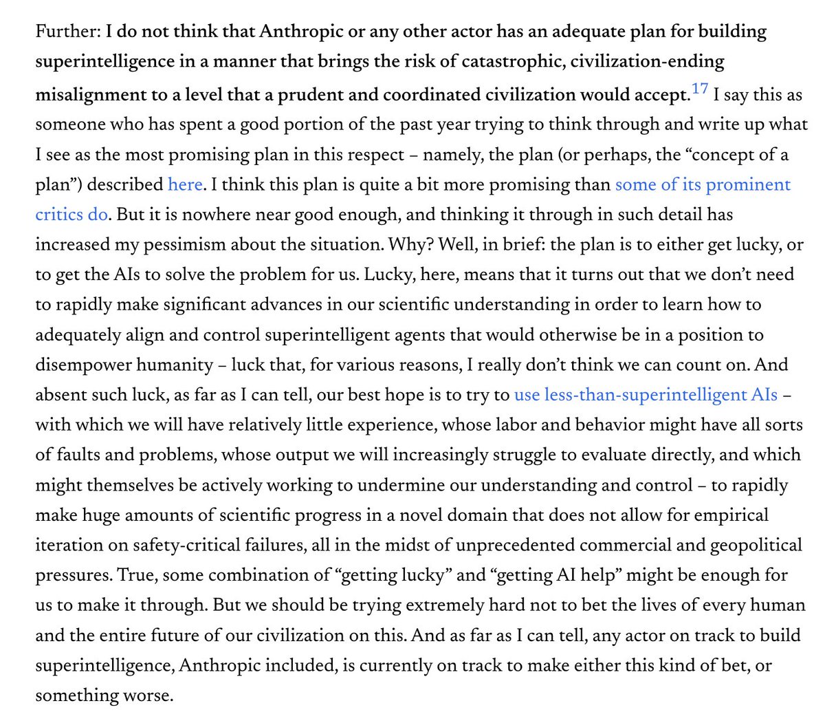 jkcarlsmith's tweet photo. In case one more data point is useful: I too am an AI company employee who thinks the risk of extinction-level catastrophe from rogue AI is >10%. I wrote about this back in 2022, and again in a 2025 post about why I was joining Anthropic (links in thread). I still believe it. https://t.co/k9l9Gkre89
