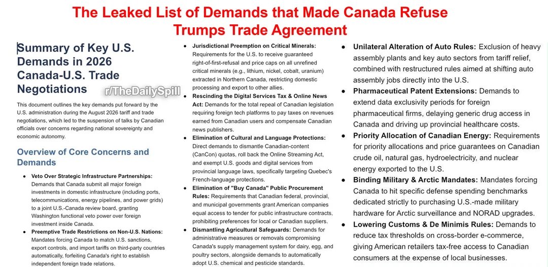essenviews's tweet photo. The leaked U.S. trade demands that caused Canada to halt negotiations: Washington demanded direct veto power over Canadian infrastructure, control of critical minerals, and delayed access to generic medicines. https://t.co/owW9xz8vMv