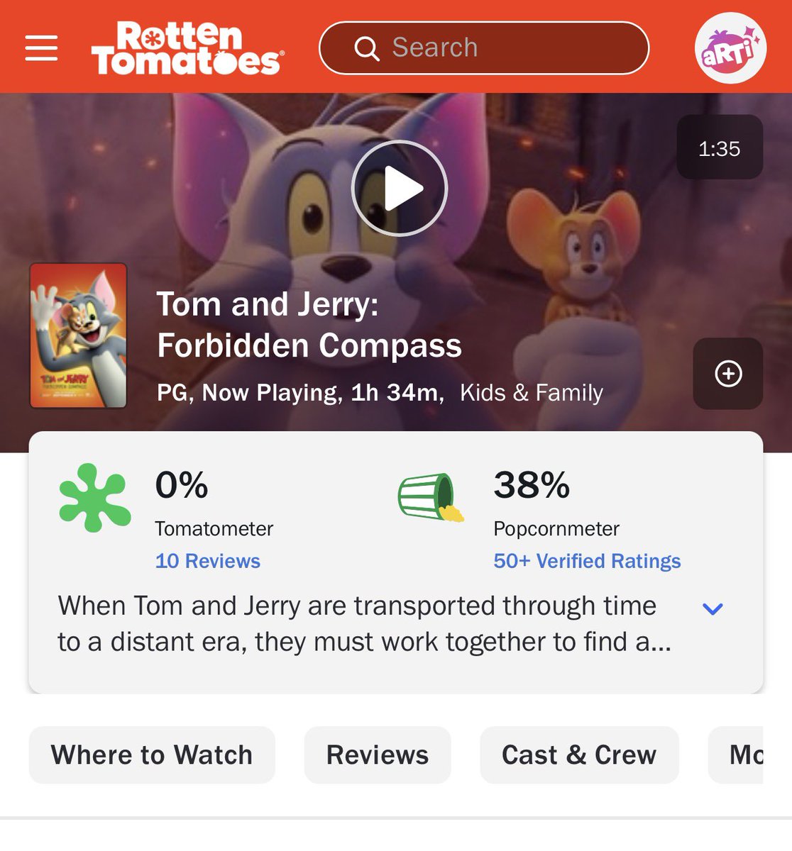 HollywoodHandle's tweet photo. The new ‘TOM &amp; JERRY’ film debuts with a 0% on Rotten Tomatoes 🍅 

Now playing in theaters. https://t.co/gKyP7iKjG3