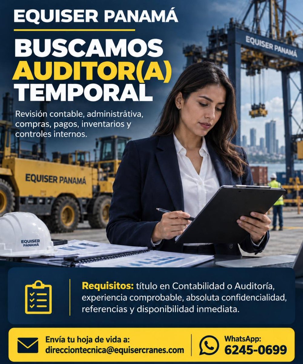 dalethmarlyn's tweet photo. ¡Nueva oportunidad laboral
EQUISER PANAMÁ busca AUDITOR(A) TEMPORAL 📊, con experiencia en revisión contable, administrativa y controles internos.
📩 Postúlate directamente a los contactos indicados en la publicación.
RHMC Vacantes Panamá | Conectamos talento con oportunidades. https://t.co/h8RyxIYqWA